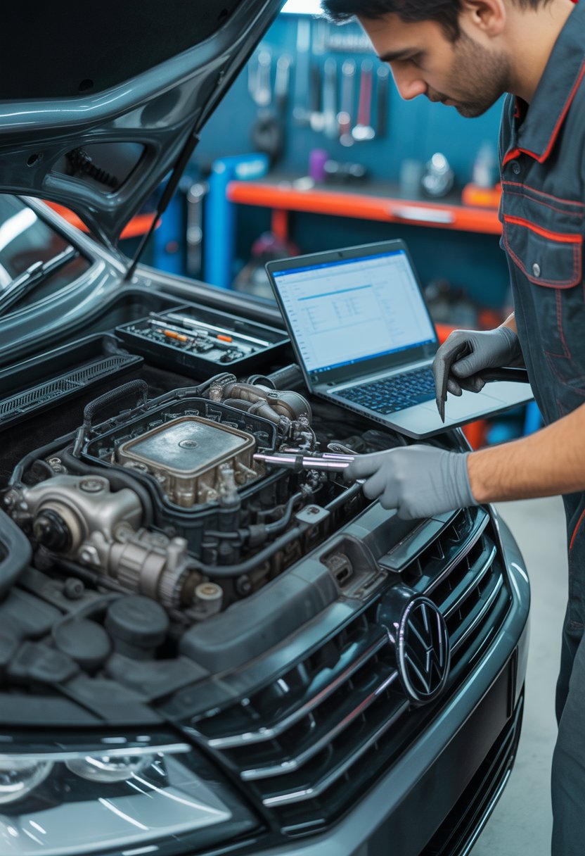 A mechanic inspecting a Volkswagen DSG transmission system with diagnostic tools in an automotive workshop.