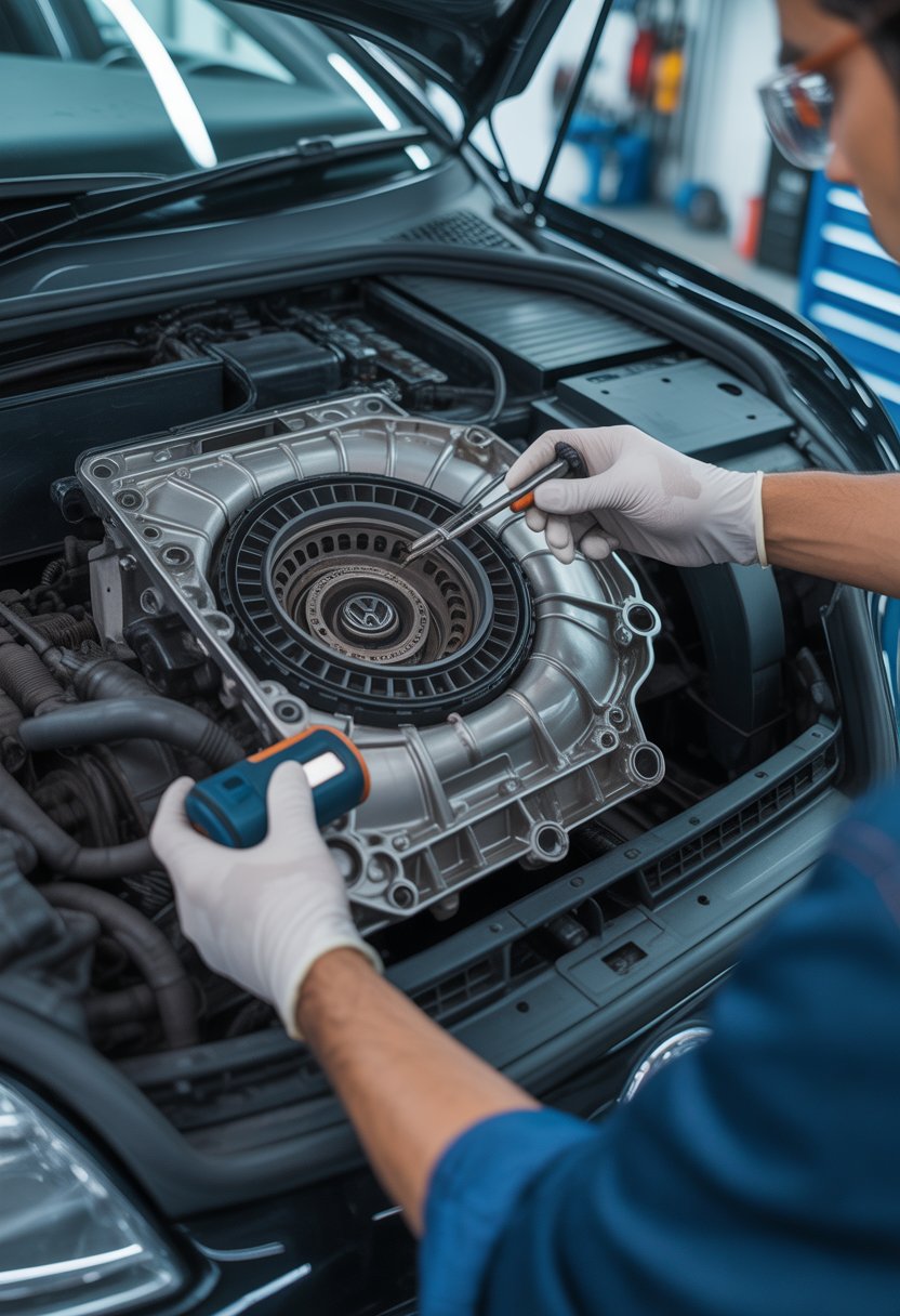 A mechanic inspecting a Volkswagen DSG transmission system in a clean automotive workshop.