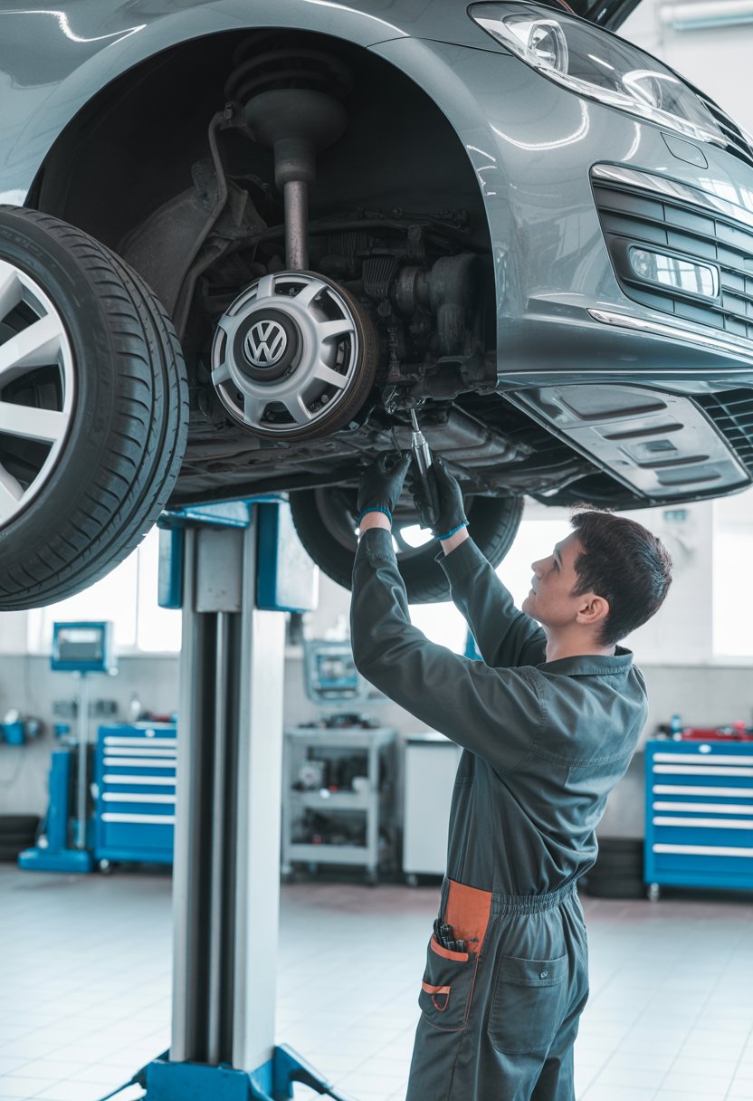 A mechanic inspecting a Volkswagen car's transmission in a well-equipped auto repair shop.