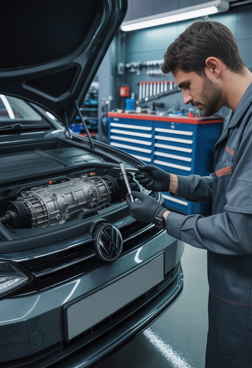 An automotive technician inspecting a Volkswagen DSG transmission system in a workshop.