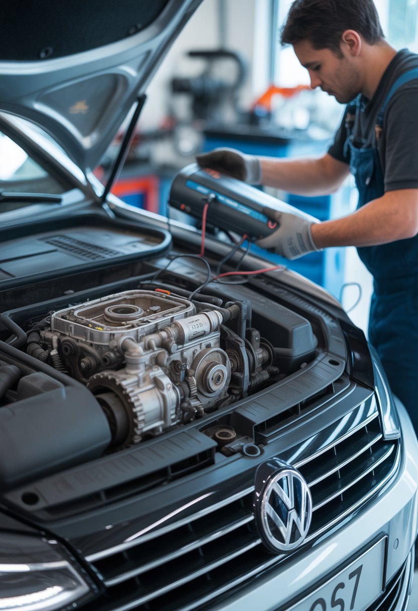 Close-up of a Volkswagen car's DSG transmission with a mechanic using a diagnostic tool in a workshop.