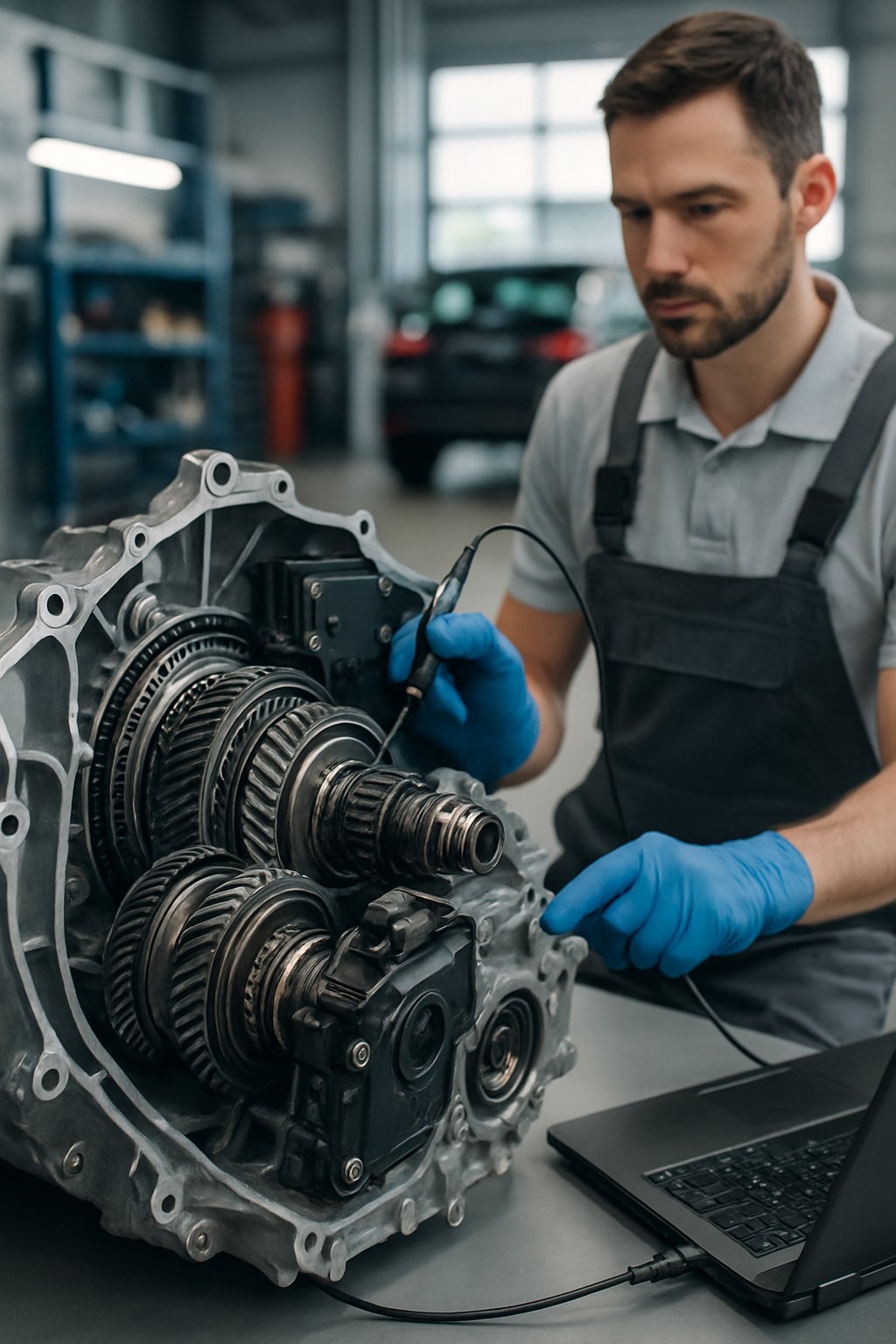 A technician inspecting a Volkswagen dual-clutch transmission in a clean automotive workshop with diagnostic tools.