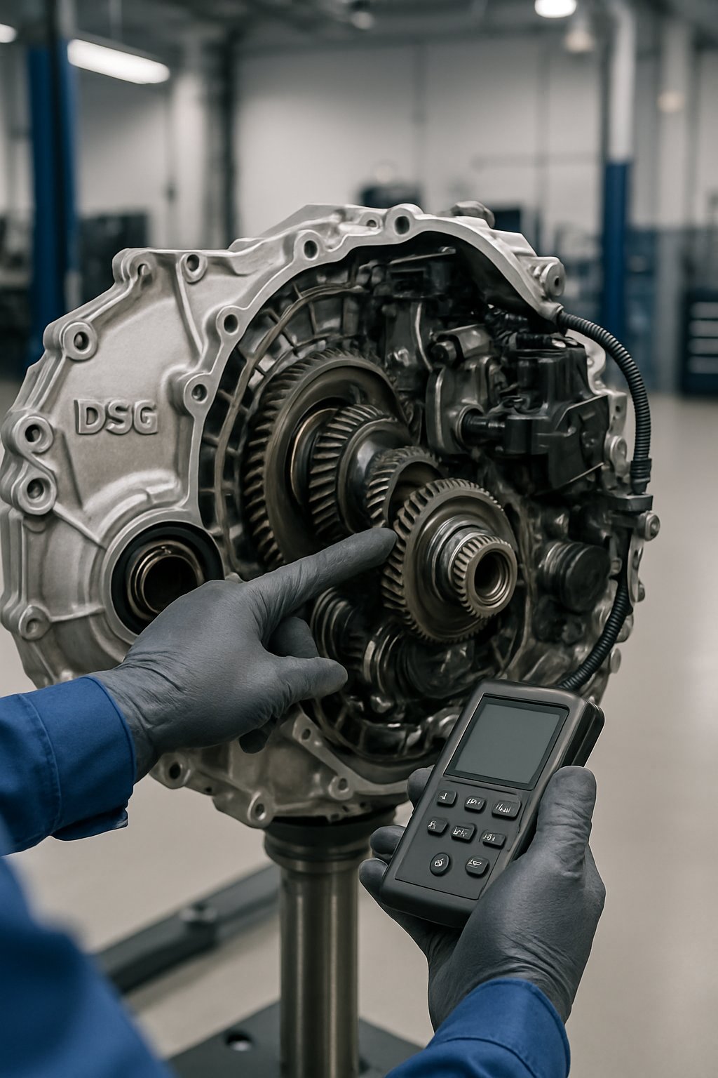 A mechanic inspecting the DSG transmission system of a Volkswagen car in a clean automotive workshop.