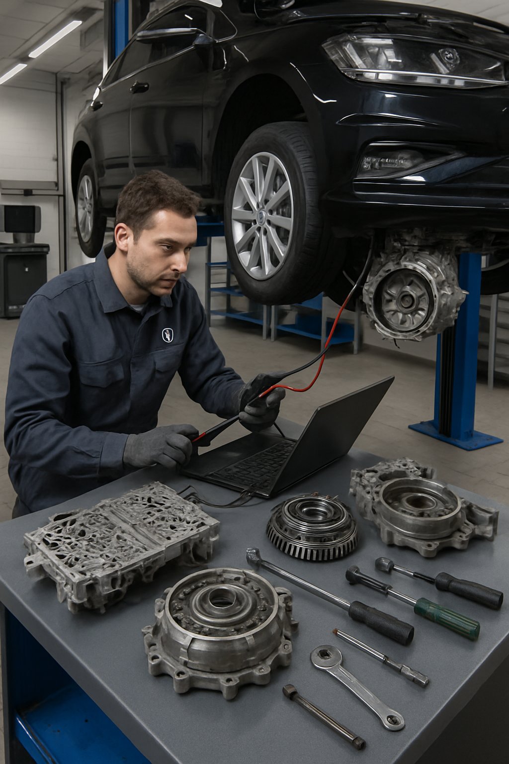 Automotive technician inspecting a Volkswagen DSG transmission on a car lifted in a workshop with diagnostic tools and repair parts nearby.
