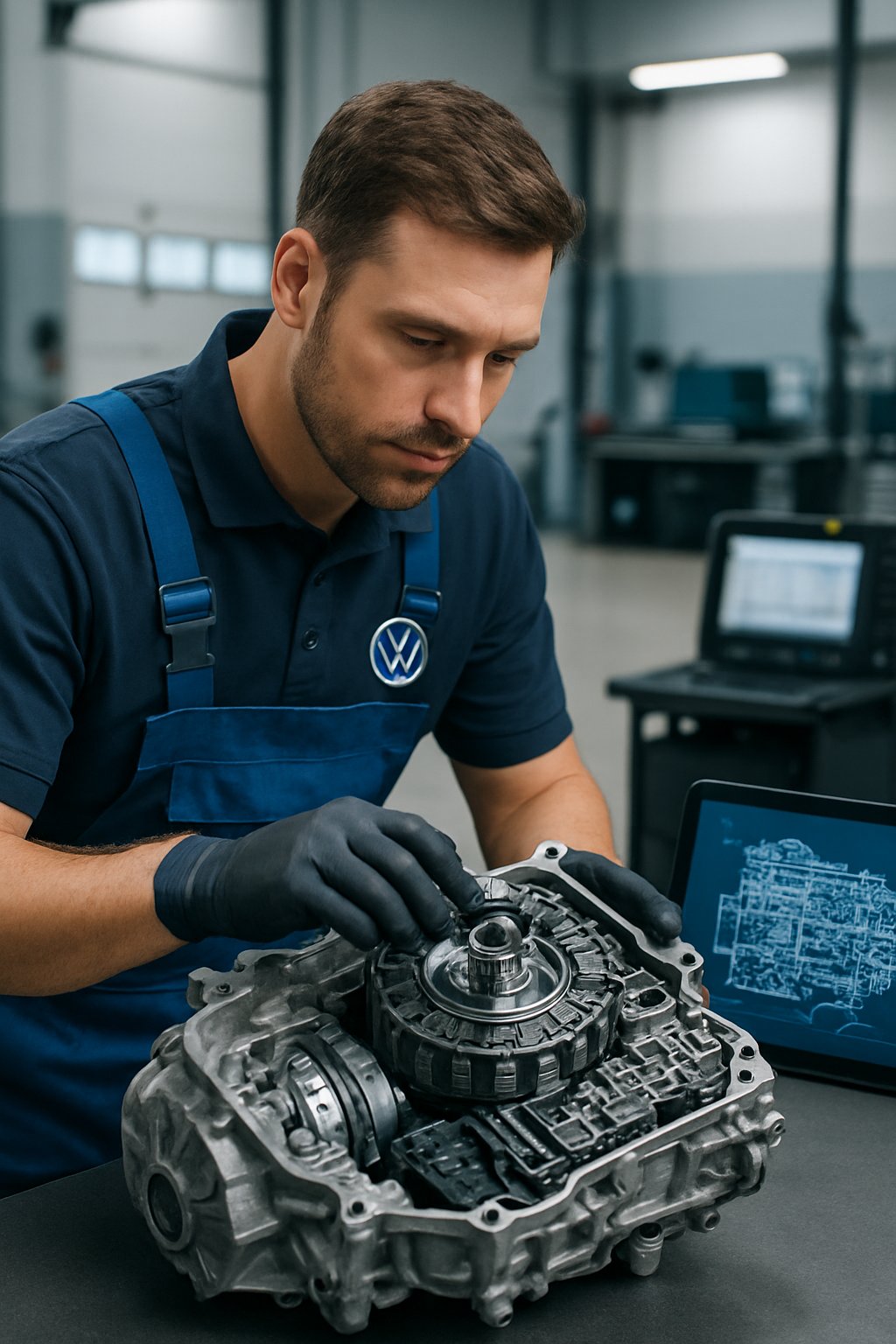 Automotive technician inspecting a Volkswagen DSG transmission in a modern garage with diagnostic tools.