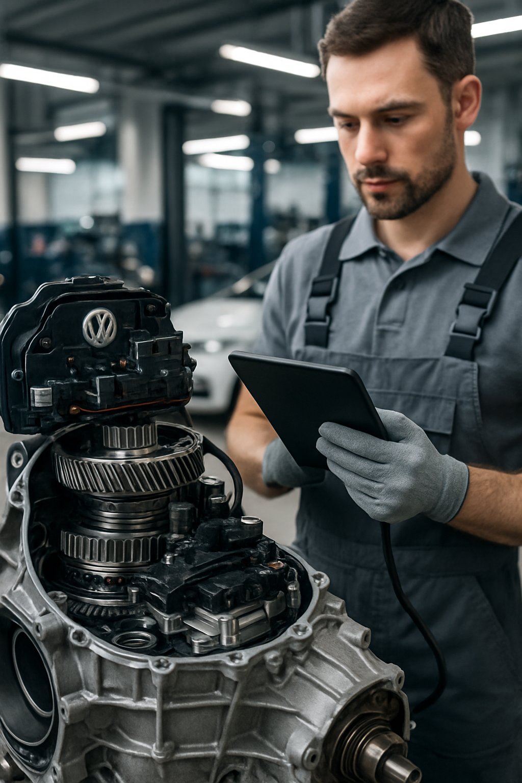 Mechanic inspecting a Volkswagen DSG transmission system in a well-lit automotive workshop using diagnostic tools.