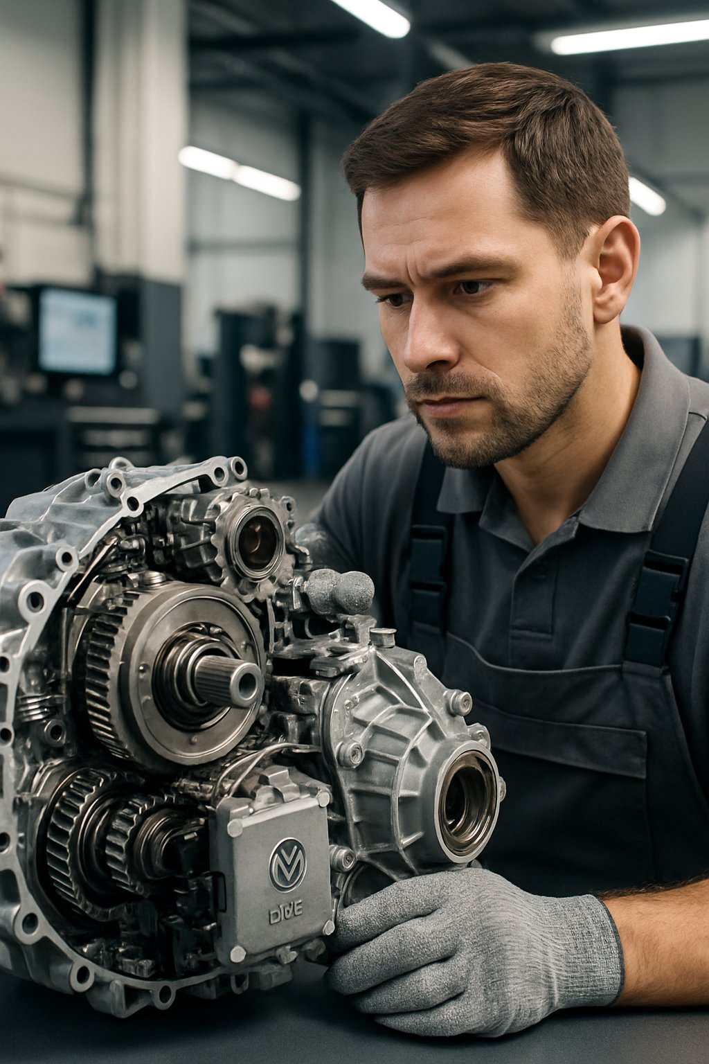Automotive technician inspecting a Volkswagen DSG transmission system in a modern workshop.