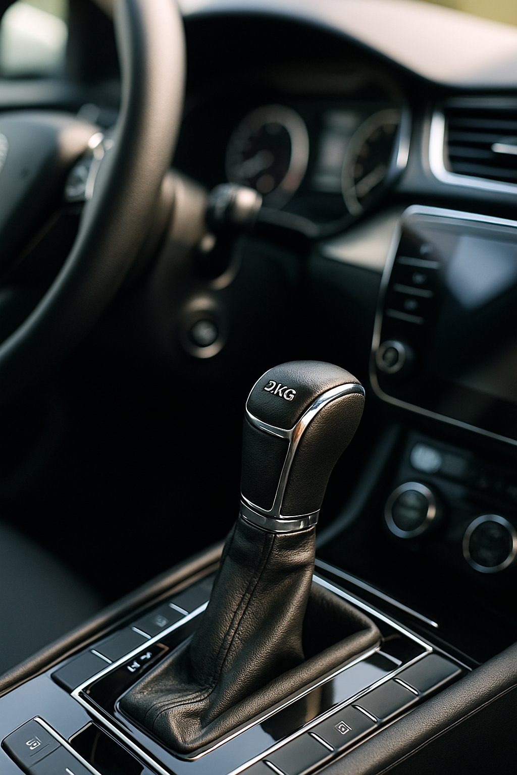 Close-up of a car's gear shift lever inside the vehicle with the steering wheel and dashboard blurred in the background.