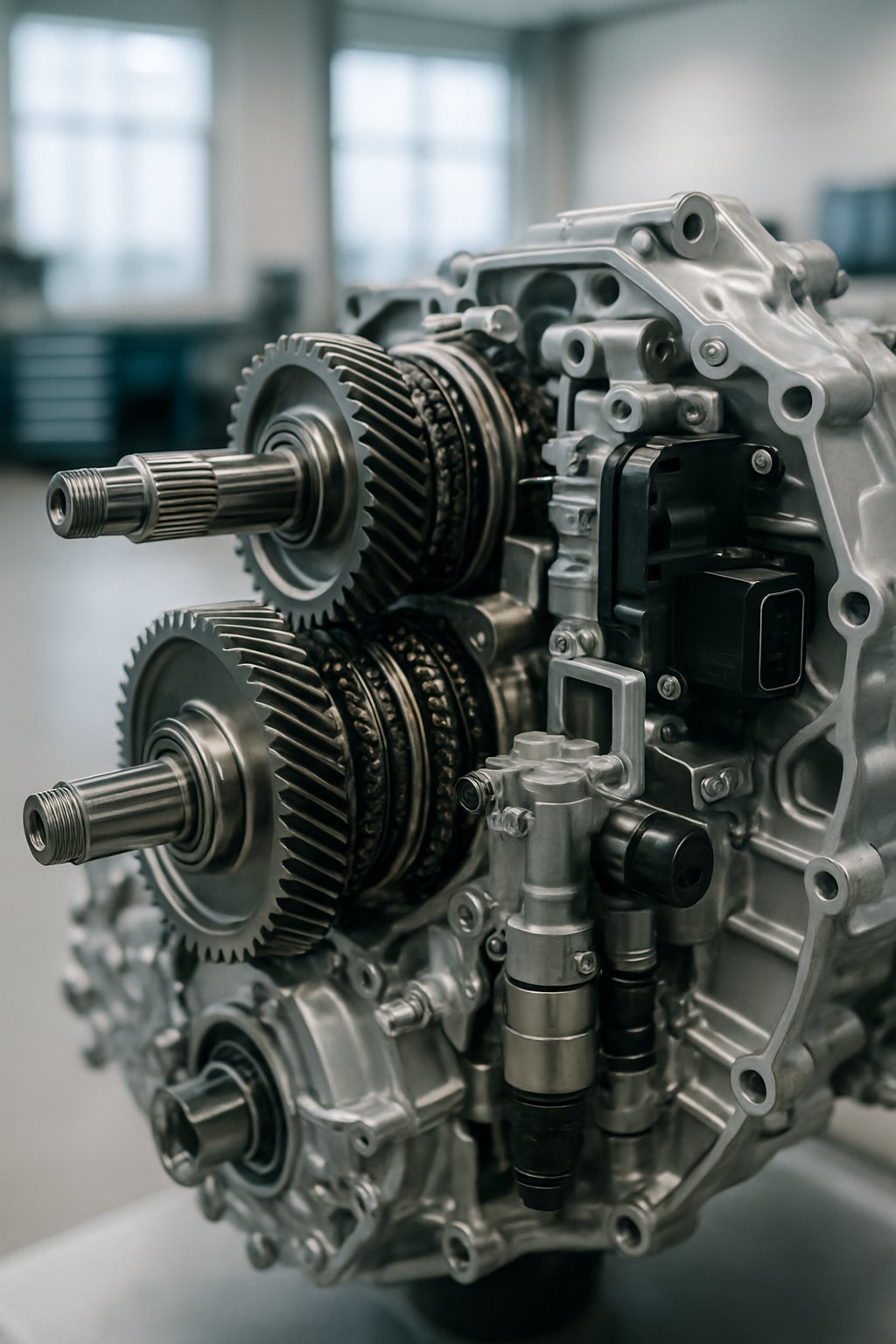 Close-up of a car's DSG transmission system showing gears and mechanical components in a workshop setting.