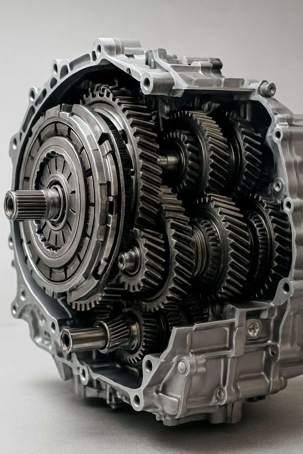Close-up view of a car's DSG gearbox showing internal gears and dual clutch mechanism.