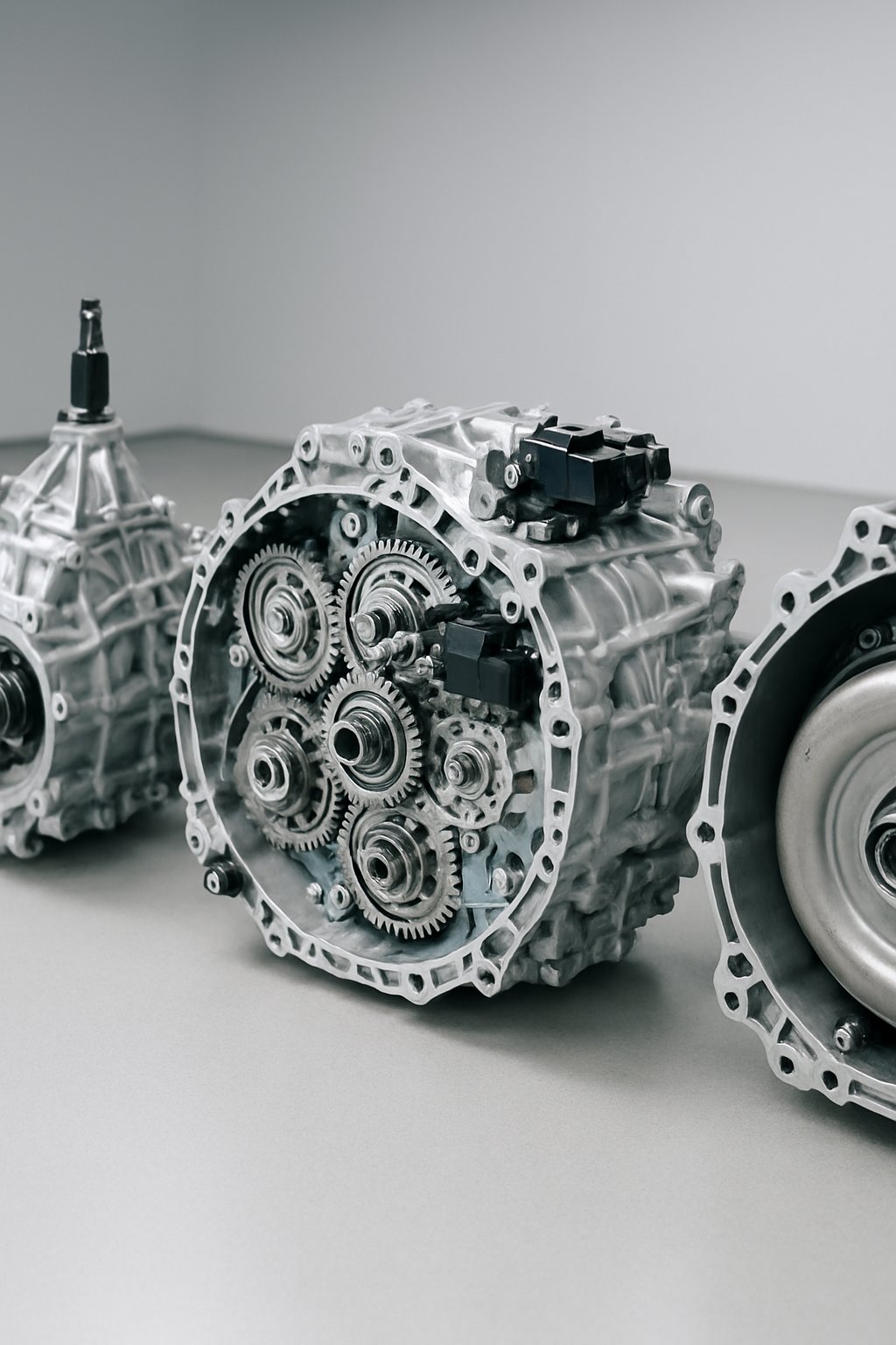 Close-up view of different car transmissions including a DSG gearbox displayed side by side on a neutral background.