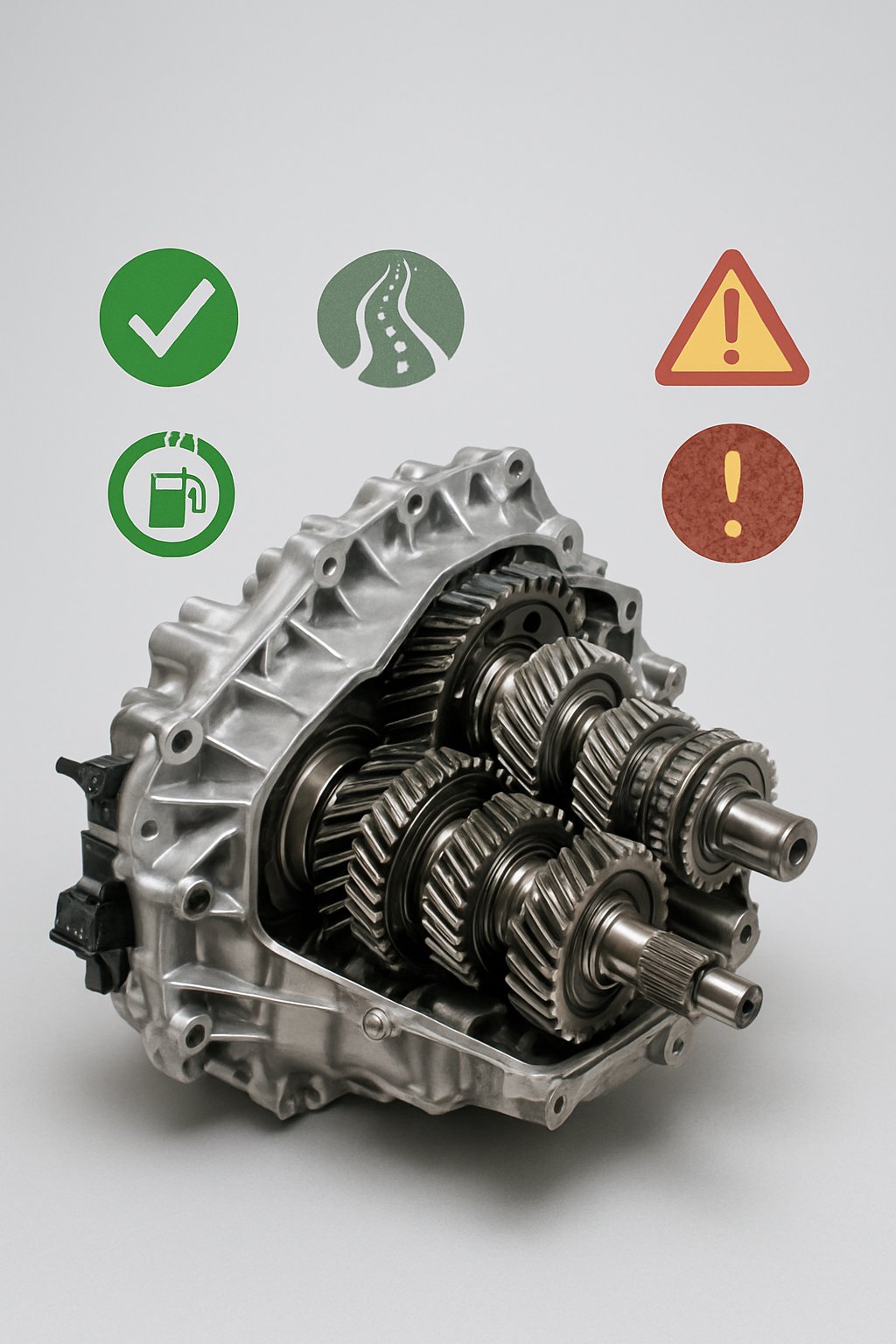 Close-up view of a car's DSG gearbox with mechanical gears and symbols representing advantages and disadvantages around it.