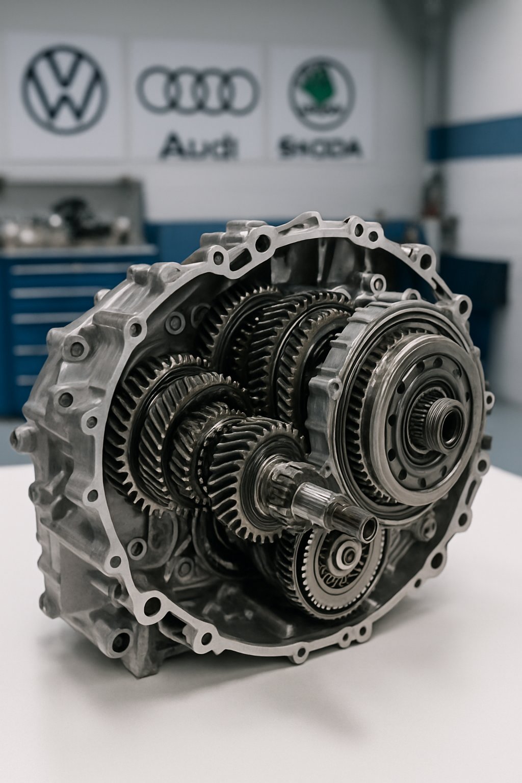 Close-up of a partially disassembled DSG gearbox on a workbench with automotive brand logos visible in the background.