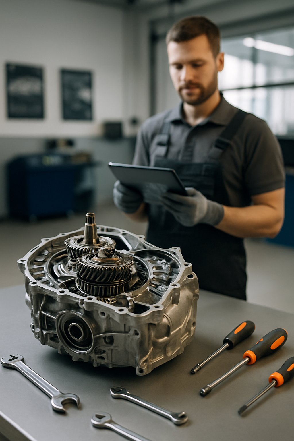 Close-up of a dual-clutch car gearbox on a workbench with a mechanic inspecting it in a clean workshop.