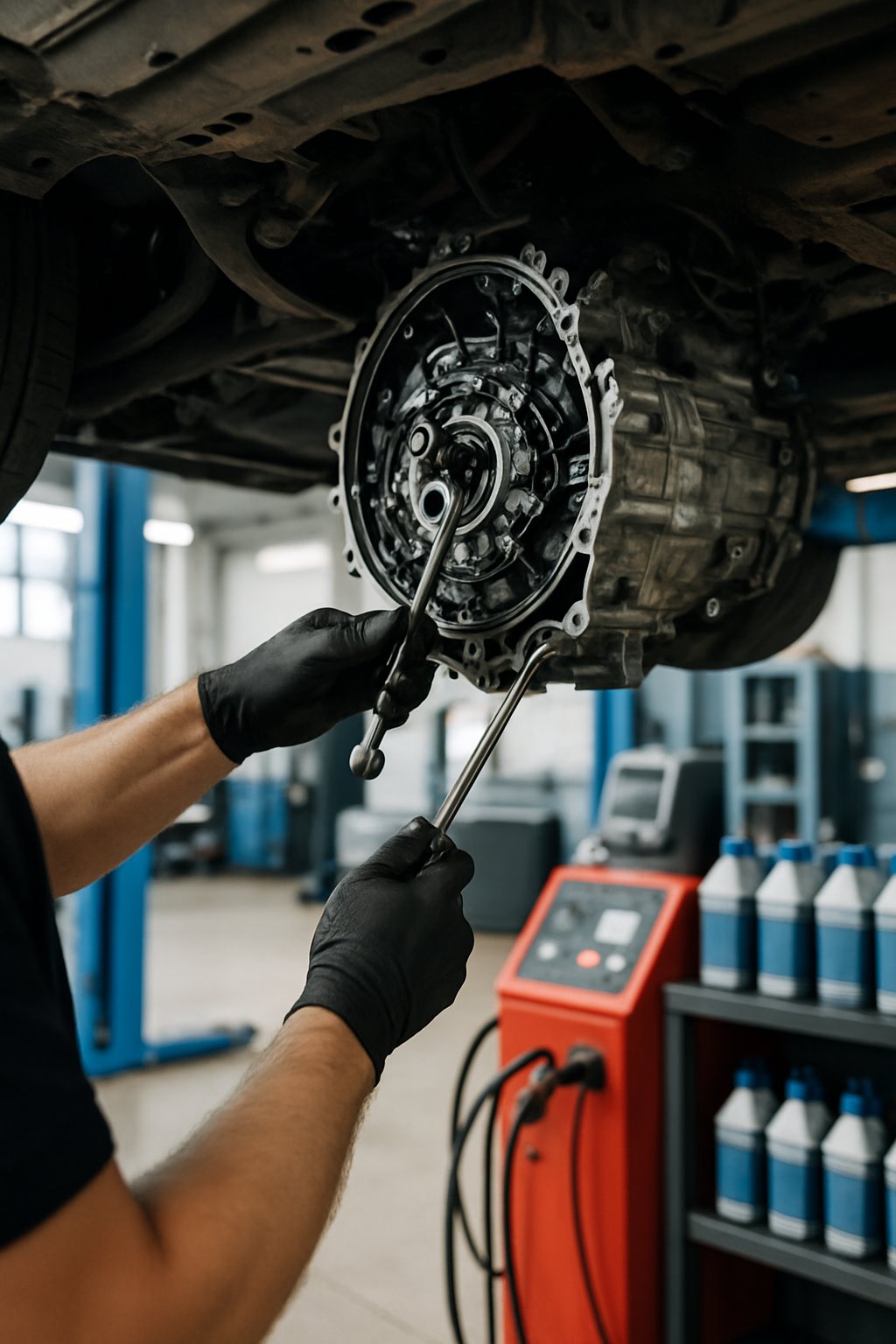 Mechanic working on a car's dual-clutch transmission in an automotive workshop.