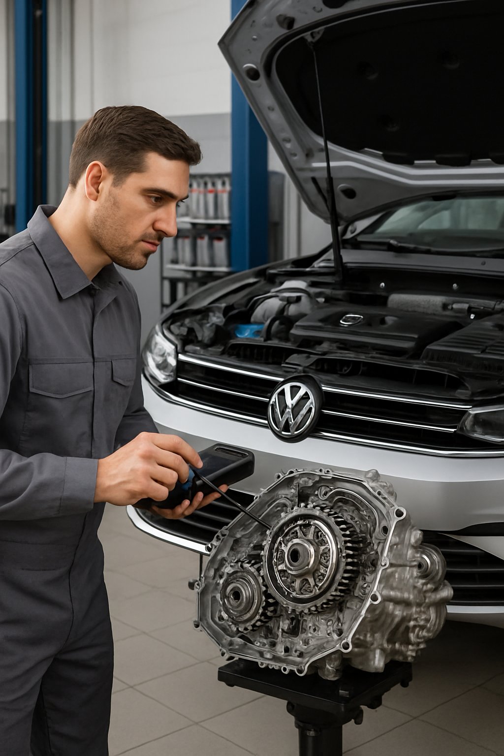 Mechanic inspecting the transmission system of a Volkswagen car in a clean workshop.