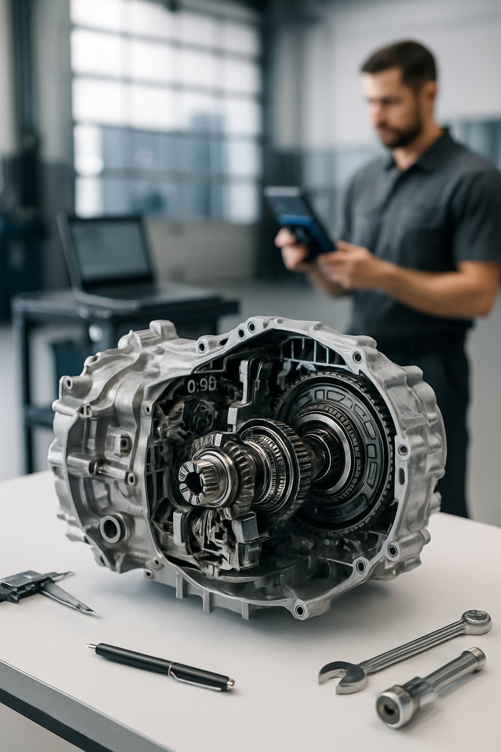 Close-up of a Volkswagen DSG transmission model on a workbench with tools and a mechanic working in the background.