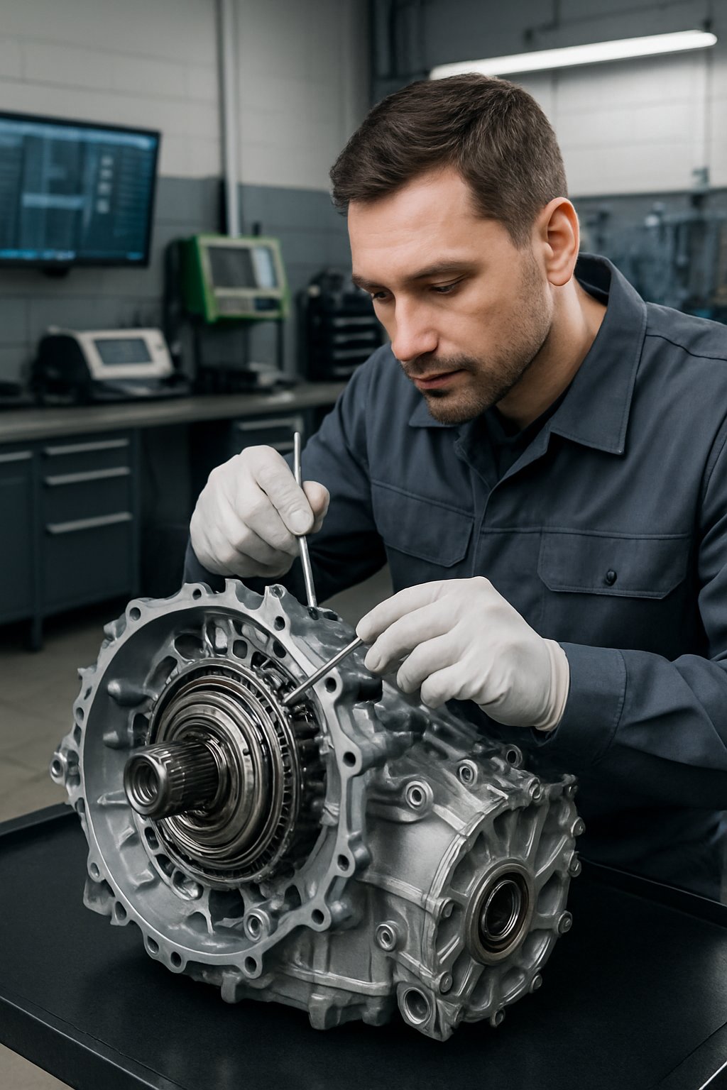 A mechanic inspecting a car's dual-clutch transmission system in a clean automotive workshop.