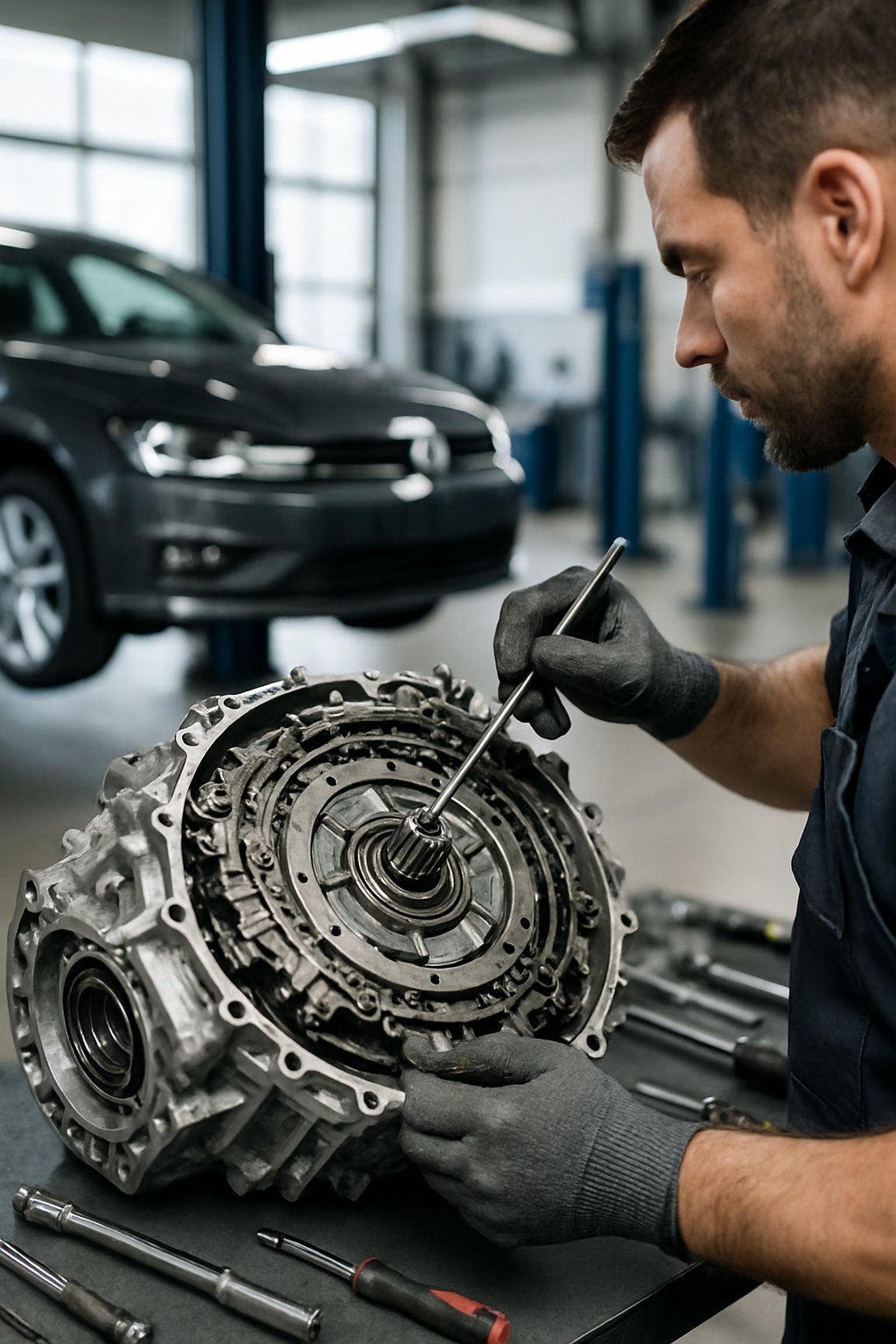 A mechanic servicing a car's DSG transmission in an automotive workshop with tools and a car on a lift in the background.