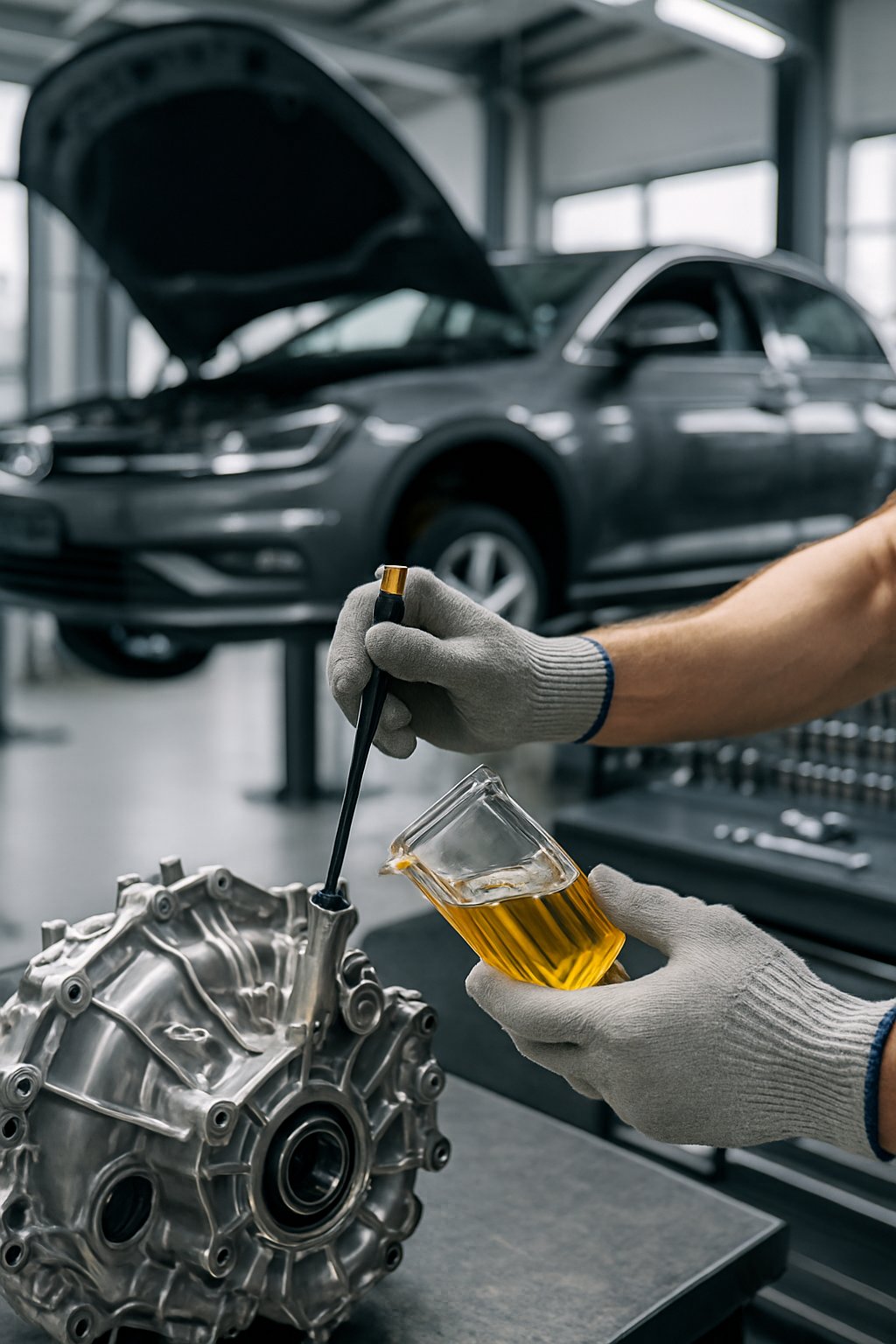 A mechanic servicing a car's dual-clutch transmission fluid in a clean automotive workshop with a car lifted in the background.