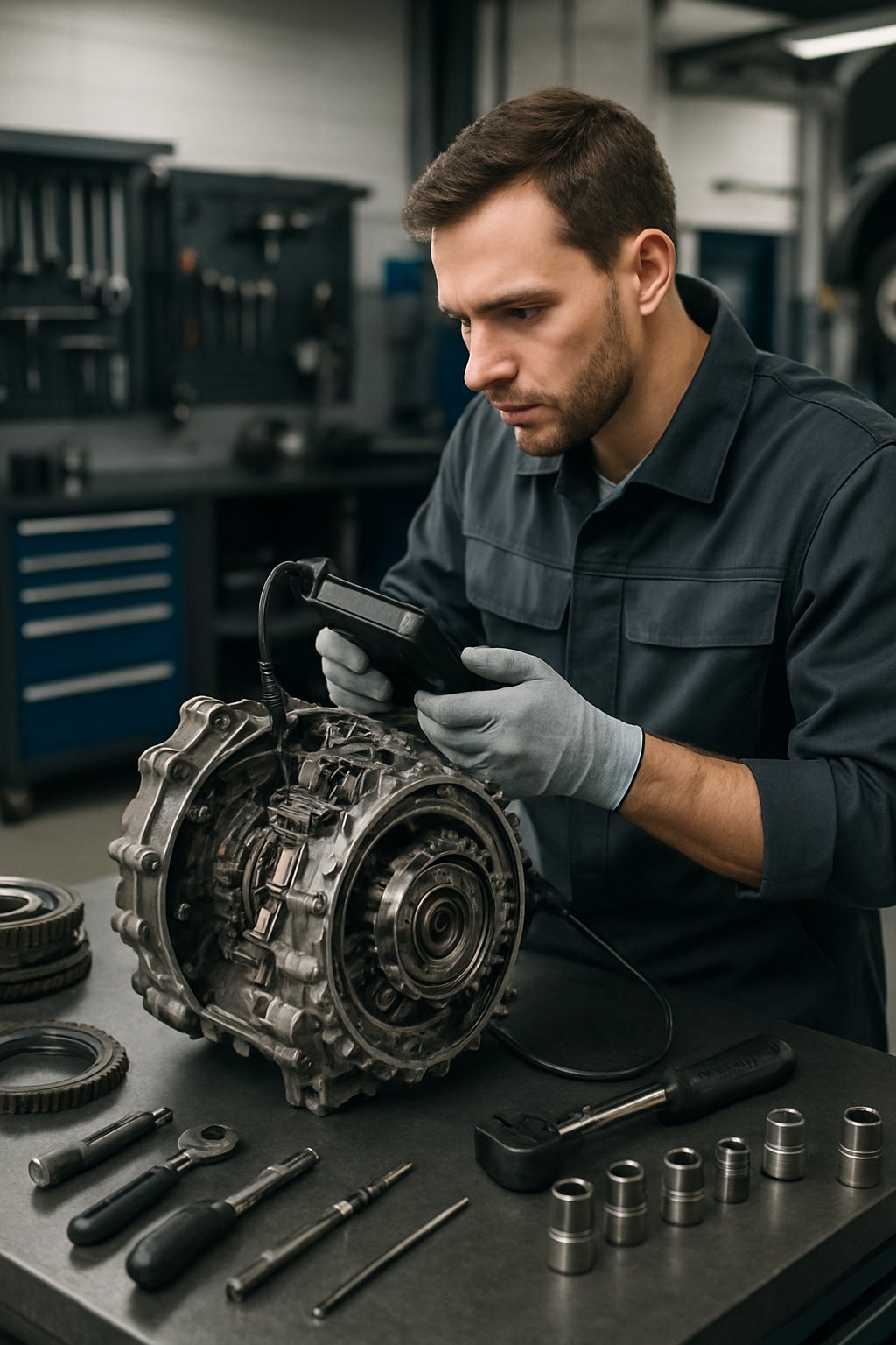 A mechanic inspecting a disassembled dual-clutch transmission on a workbench in a clean, well-lit automotive workshop.