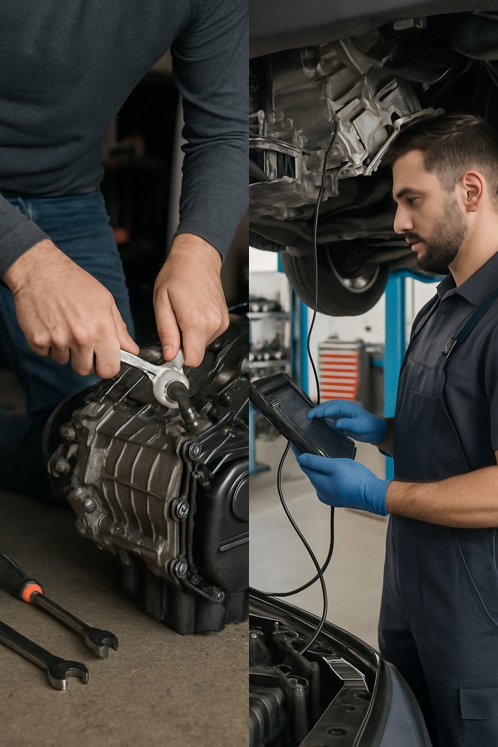 Split image showing a person doing DIY car transmission service on one side and a professional mechanic working on a car transmission in a workshop on the other side.