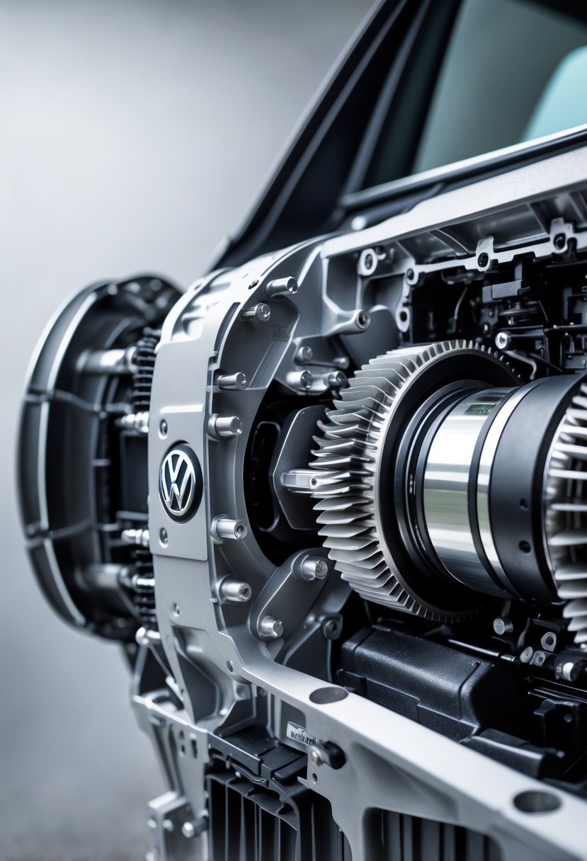 Close-up view of a Volkswagen 6-speed DSG transmission with visible gears and mechanical components.