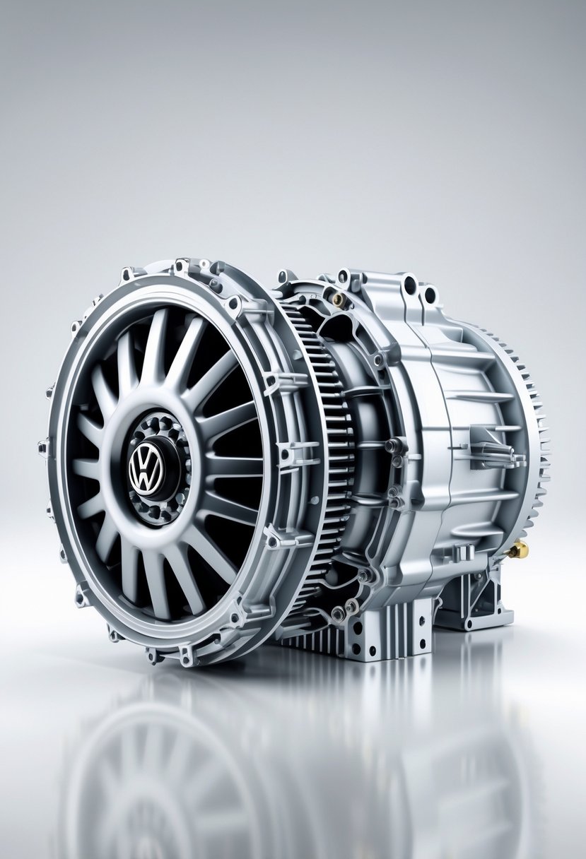 Close-up view of a Volkswagen 6-speed DSG transmission unit on a white background.