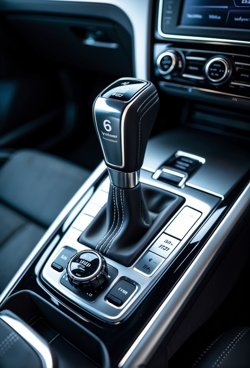 Close-up of a car's 6-speed automatic transmission gear selector with DSG and Tiptronic features inside a Volkswagen vehicle.