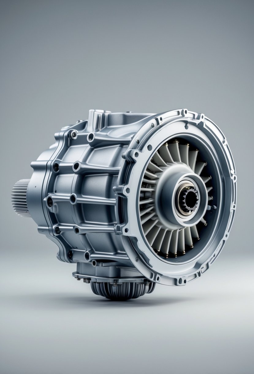 Close-up view of a 6-speed DSG DQ250 transmission for Volkswagen vehicles on a plain background.