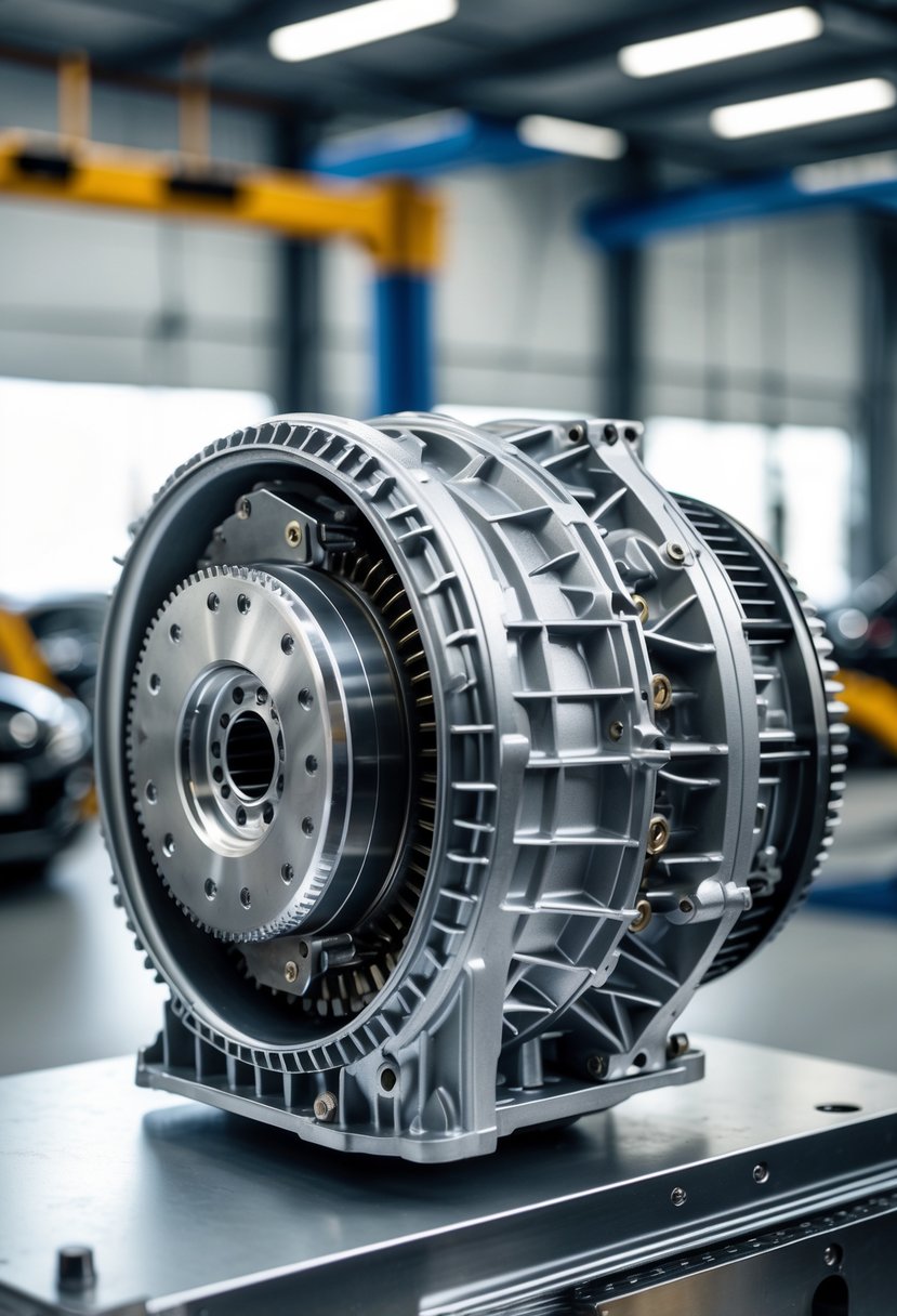 Close-up of a 6-speed Volkswagen DSG transmission in a workshop setting.