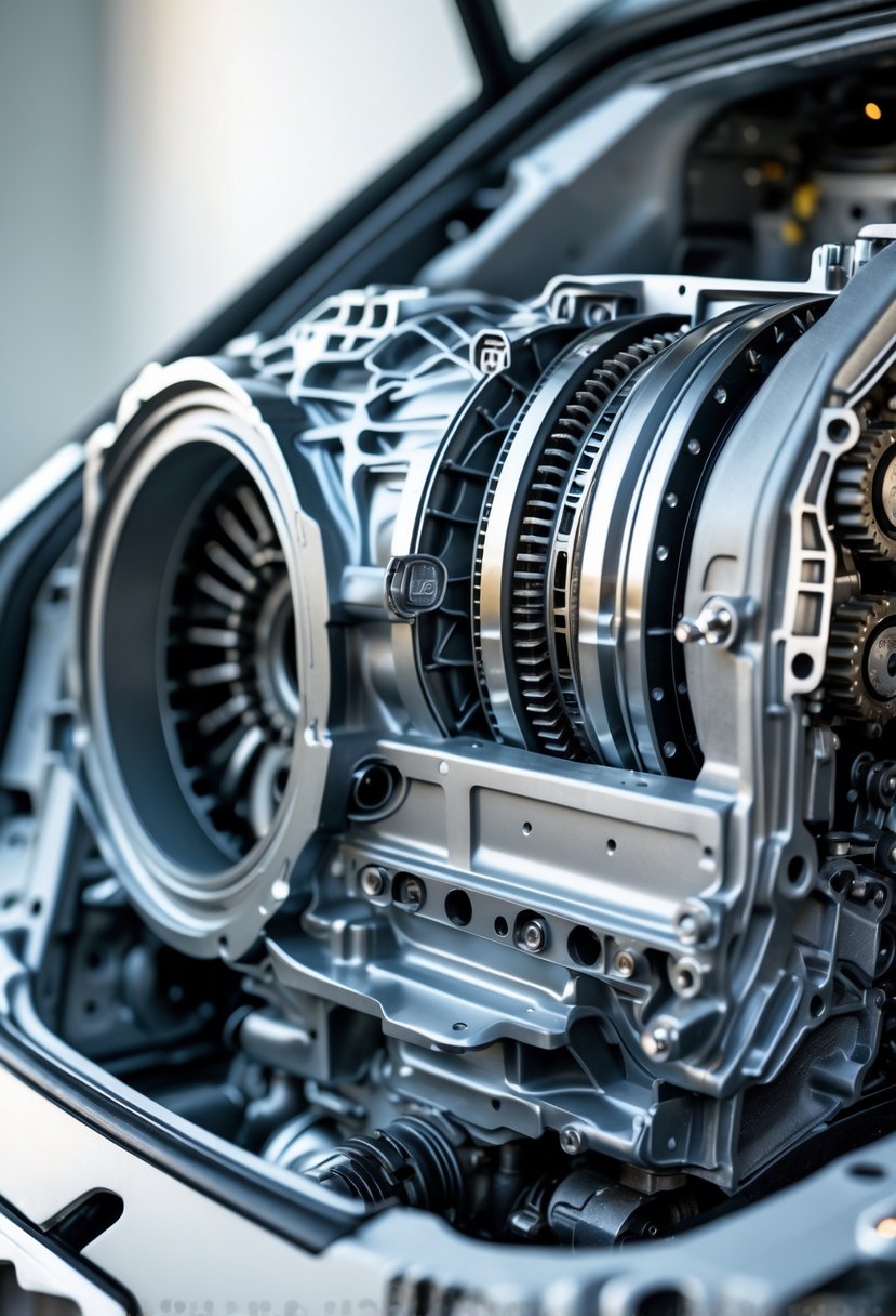 Close-up view of the internal components of a Volkswagen 6-speed DSG transmission showing gears and mechanical parts.
