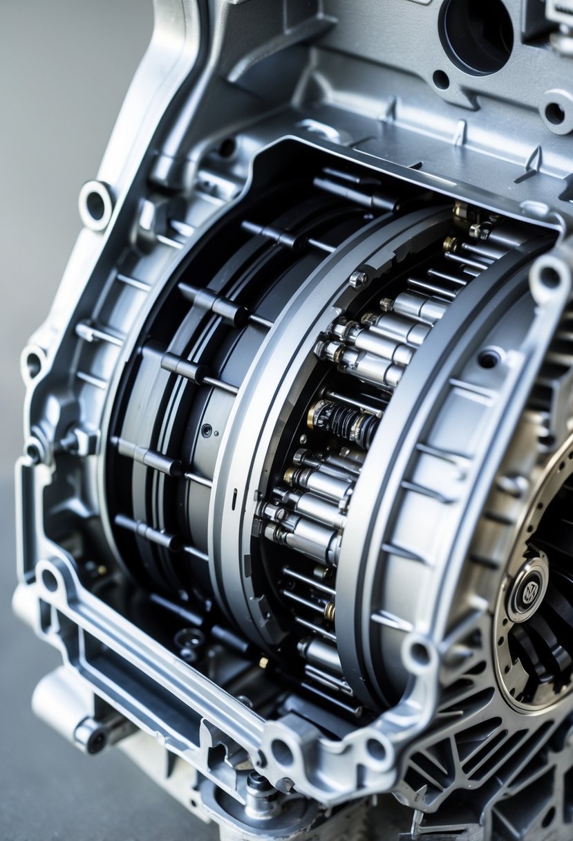 Close-up cross-sectional view of a Volkswagen 6-speed DSG transmission showing internal gears and dual-clutch components.
