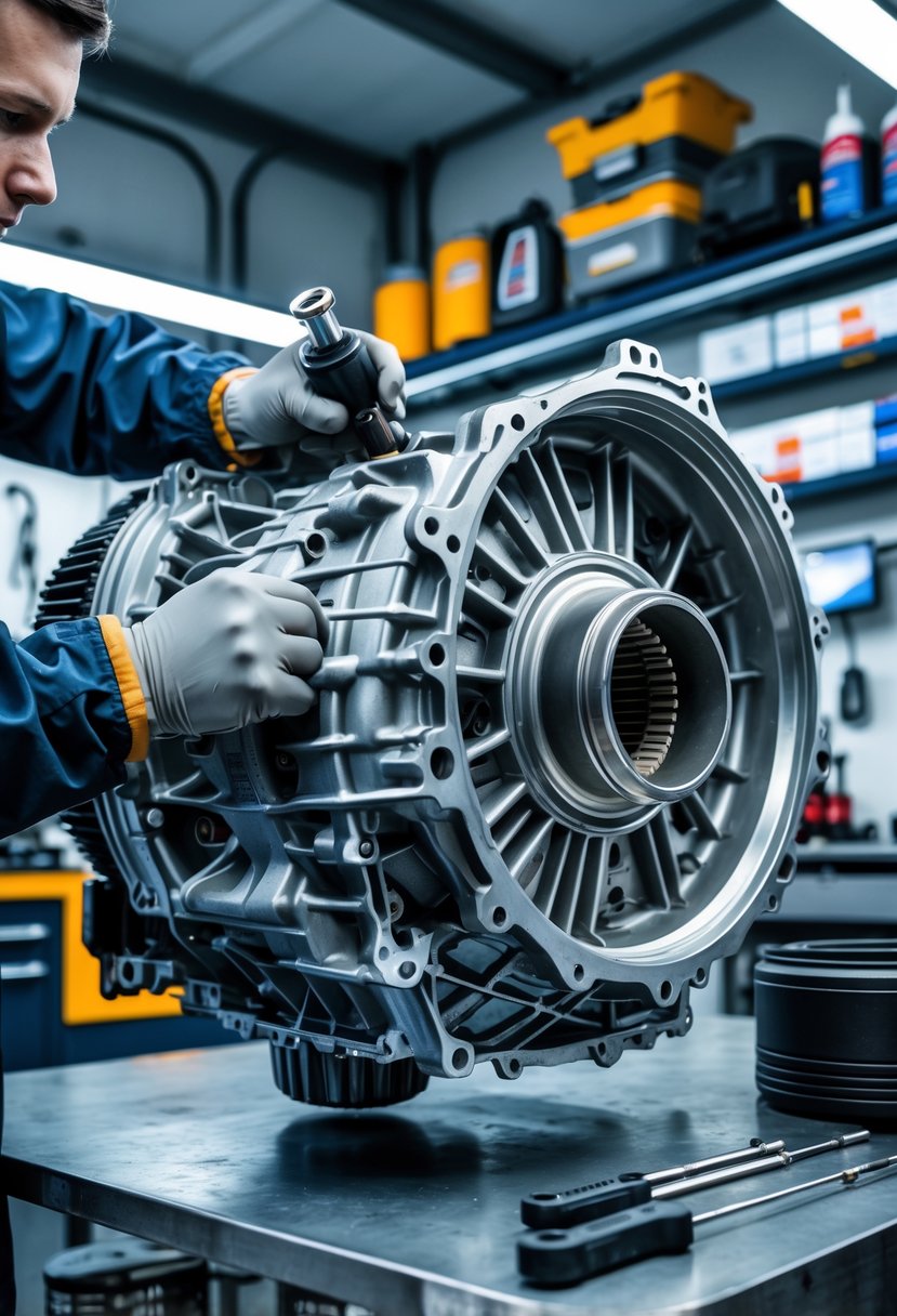 Mechanic inspecting a Volkswagen 6-speed DSG transmission on a workbench in a clean automotive workshop.
