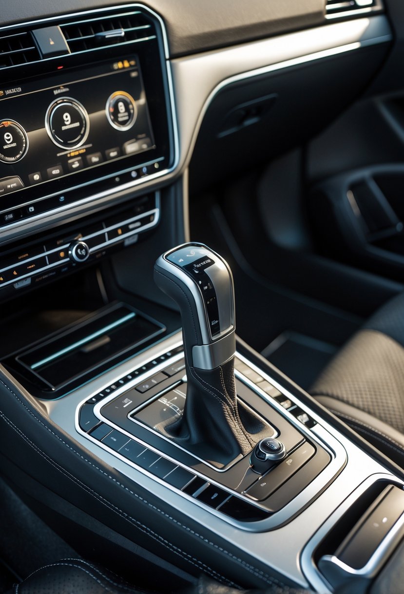 Close-up view of a Volkswagen car interior focusing on the 6-speed DSG transmission gear shifter with a driver's hand nearby.