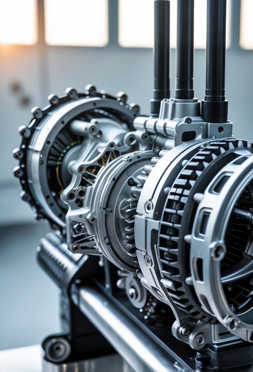 Close-up view of a Volkswagen 6-speed DSG transmission showing detailed mechanical components in a workshop setting.