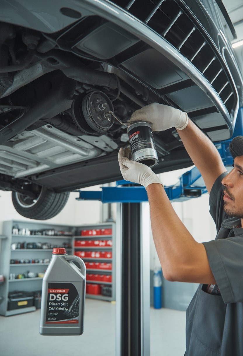 A mechanic changing the oil and filter of a DSG gearbox under a car in a clean garage.