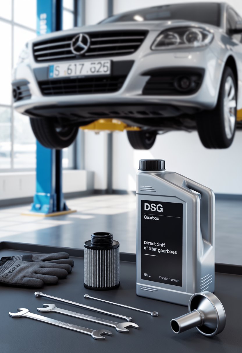 A workspace with essential tools and parts laid out for changing DSG gearbox oil and filter, including a gearbox oil filter, oil container, wrenches, gloves, and an oil drain pan in a garage setting.
