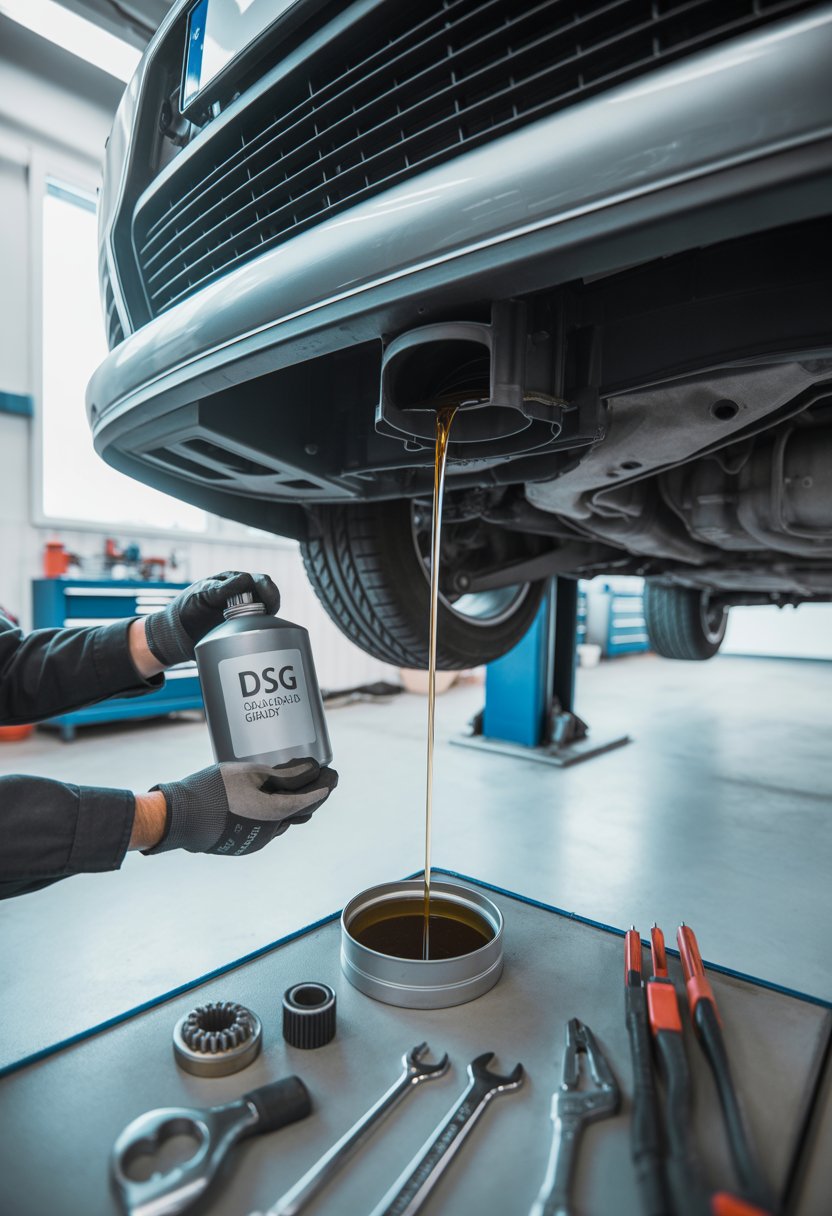 Mechanic changing DSG gearbox oil and filter under a car in a workshop, with tools and oil containers nearby.