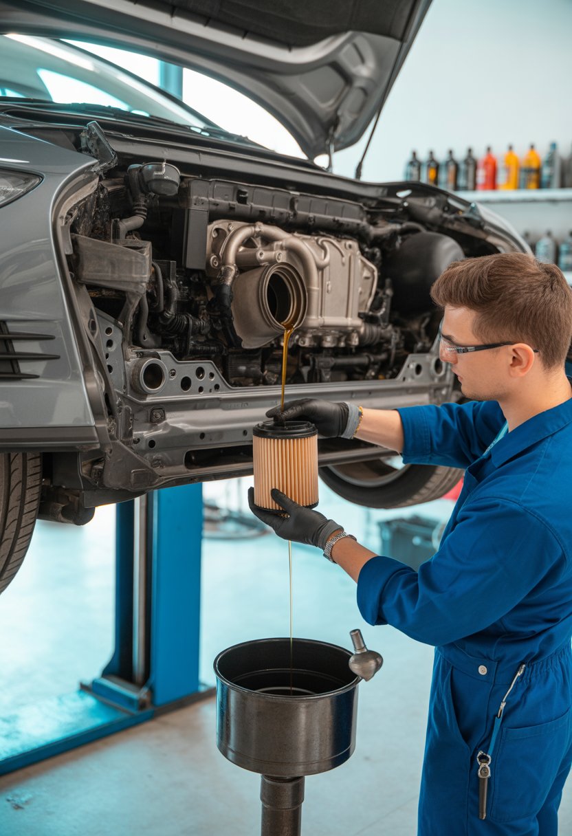 Mechanic changing DSG gearbox oil and filter on a car lifted in a workshop with tools and equipment nearby.