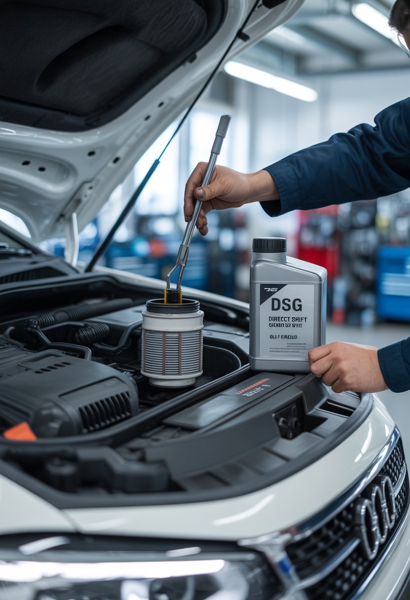 Mechanic's hands changing the oil and filter of a car's DSG gearbox in a clean automotive workshop.