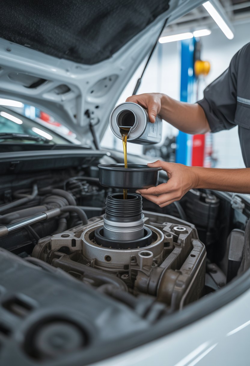 Mechanic changing the oil and filter of a car's Direct Shift Gearbox in an automotive workshop.