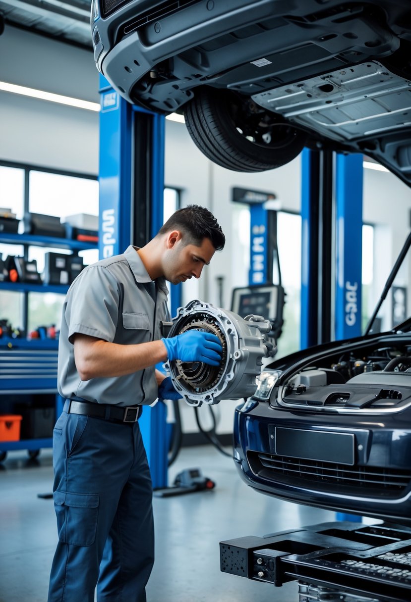 A mechanic working on a car's DSG transmission in a clean automotive workshop with tools and equipment in the background.