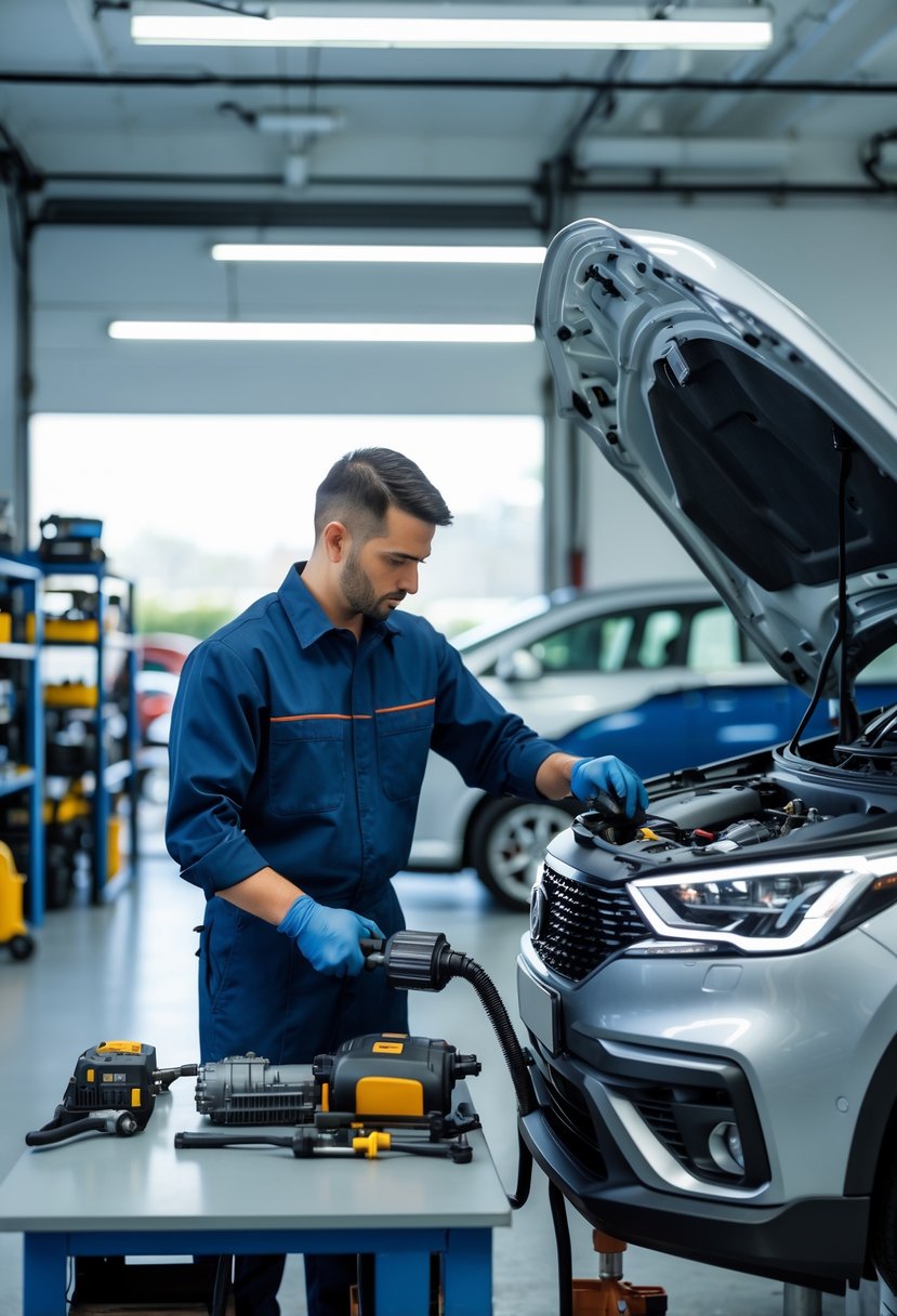 A mechanic servicing a car's transmission in a clean automotive workshop with tools and equipment nearby.
