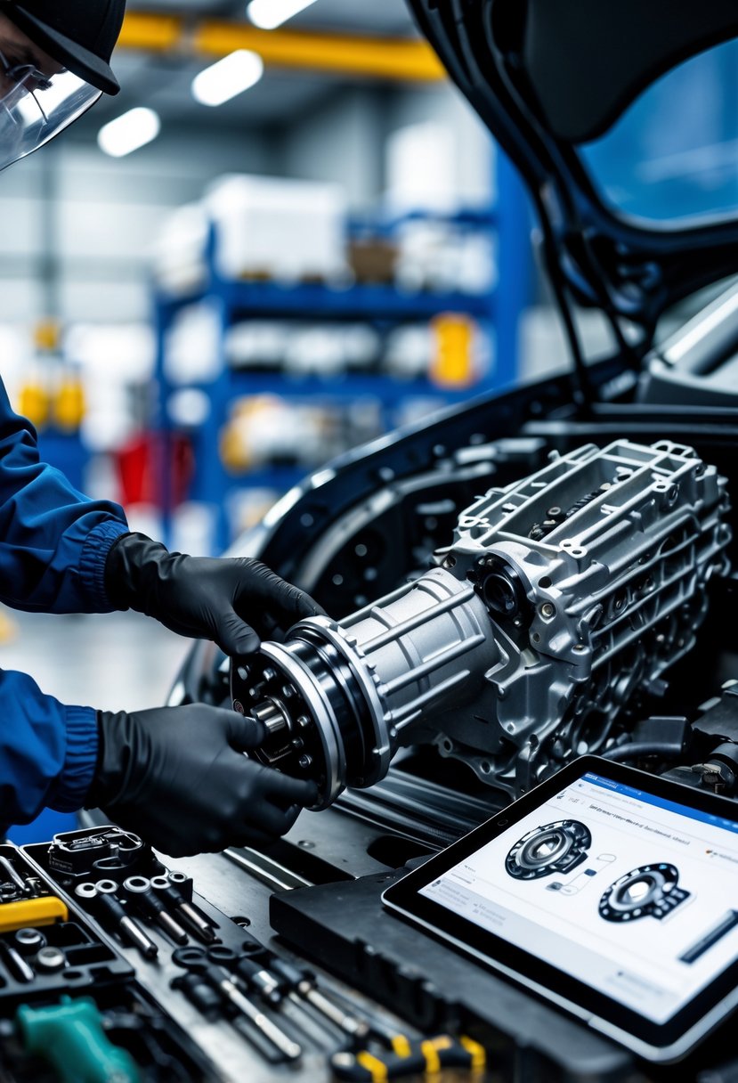 Mechanic servicing a car's DSG gearbox with tools in a clean automotive workshop.