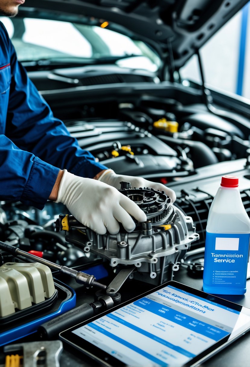 A mechanic servicing a car's DSG transmission with tools and a digital tablet showing service information nearby.
