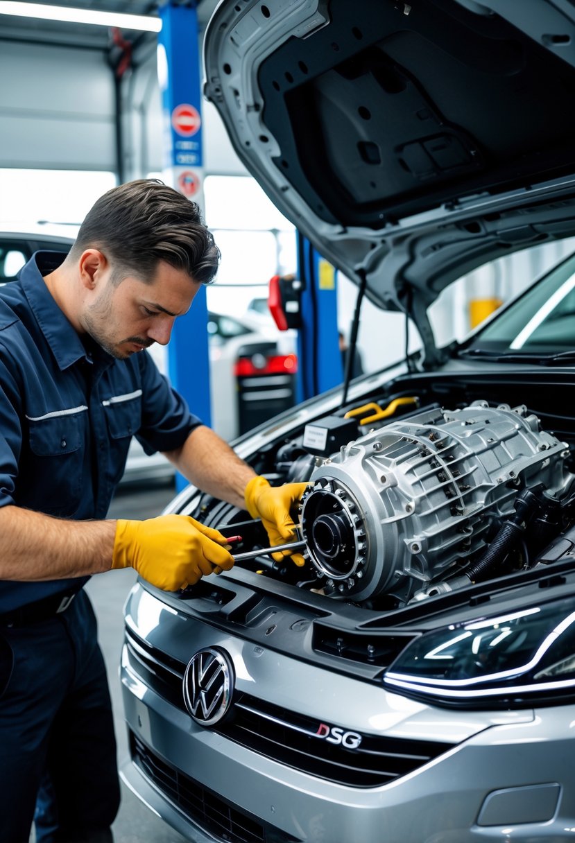 A mechanic servicing a Volkswagen DSG transmission in a clean automotive workshop.