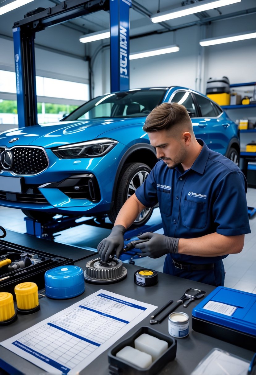 A mechanic inspecting a car's transmission system in a clean automotive service center with tools and equipment nearby.