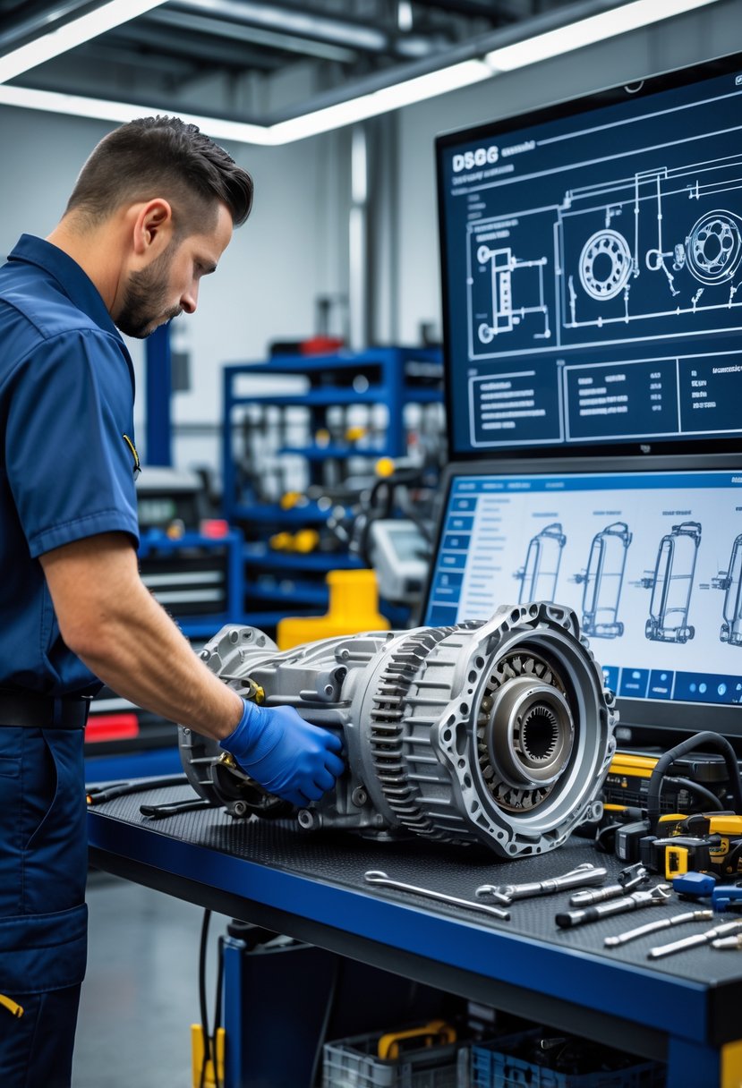 A mechanic inspecting a disassembled DSG transmission on a workbench with tools and diagnostic equipment in an automotive workshop.