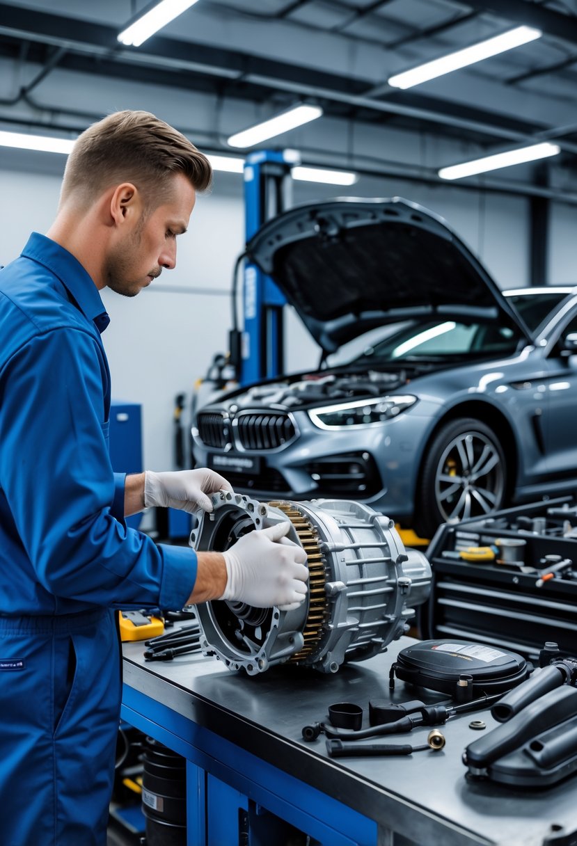 A mechanic inspecting a DSG transmission component on a workbench in an automotive workshop with a car lifted in the background.